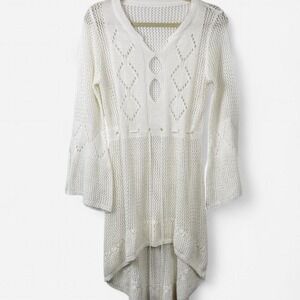 Vintage White Open Knit Bell Sleeve Tunic Dress Boho Fairycore Cover Up